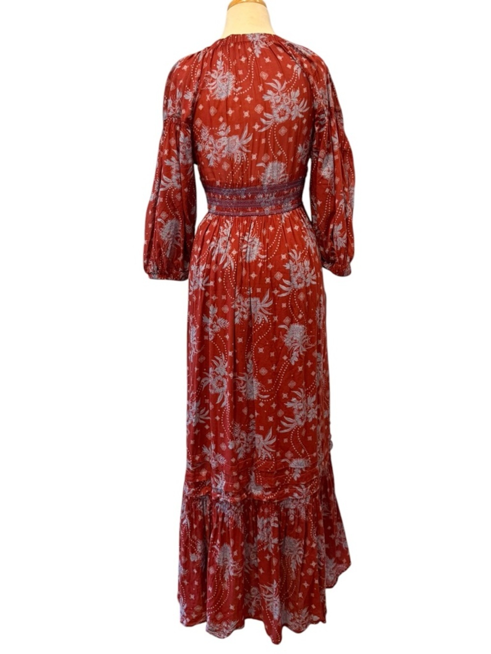 Free People Golden Hour Maxi Dress Floral Smocked Burgundy Blue Size Small - Picture 4 of 14